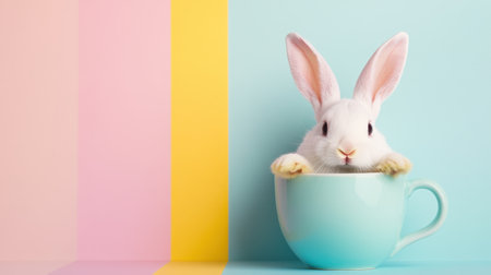 A cute white bunny peeks curiously from a light blue cup, set against a vibrant pastel background. Perfect for spring and animal-themed projects.の素材