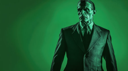 This striking image features a vintage horror character dressed in a suit, set against a vivid green background, creating a surreal and dramatic atmosphere.の素材