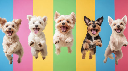 A lively scene featuring five joyous dogs leaping against a vibrant striped background. Their playful attitude and excitement embody the spirit of fun and companionship.の素材