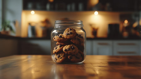 A glass jar filled with freshly baked chocolate chip cookies sits on a wooden table. The warm, inviting colors create a cozy atmosphere perfect for any kitchen.の素材