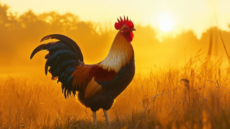 A majestic rooster stands proudly against a stunning sunrise, illuminating its vibrant feathers. This serene farm scene captures the essence of rural beauty and wildlife.の素材