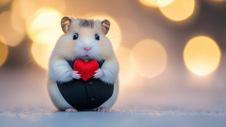A charming hamster dressed in a tuxedo holds a small red heart, exuding cuteness and warmth. The blurred background enhances the delightful scene, perfect for pet lovers.の素材