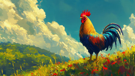 A stunning rooster proudly stands in a bright meadow, surrounded by colorful flowers and lush greenery, set against a vibrant blue sky with fluffy clouds.の素材