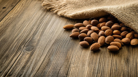 A close-up view of almonds spilled gracefully on a wooden table, accompanied by a jute bag, highlighting the natural beauty and healthy appeal of this nutritious snack.の素材