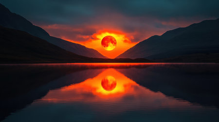 A breathtaking view of a vibrant sunset reflecting over a calm lake, framed by majestic mountains, creating a serene and tranquil atmosphere in nature.の素材