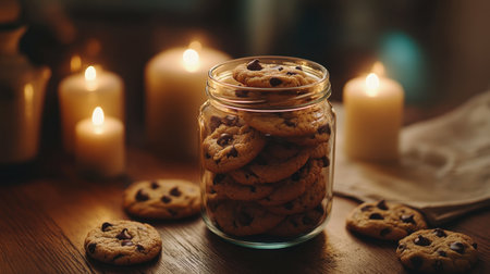 A beautifully arranged glass jar filled with freshly baked chocolate chip cookies sits amidst softly flickering candles, creating a warm, inviting atmosphere perfect for cozy evenings.の素材