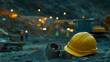 A yellow hard hat rests on gravel at a construction site, with heavy machinery and workers in the background. The scene conveys safety and teamwork in the industry.の素材