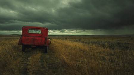 A vintage red truck parked on a secluded rural path, surrounded by golden grass under a dramatic stormy sky, capturing a feeling of solitude and adventure.の素材