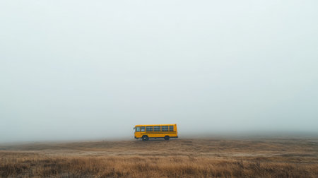 A solitary yellow bus stands in a misty field, surrounded by soft fog. This serene scene captures the essence of isolation and nostalgia in a quiet landscape.の素材