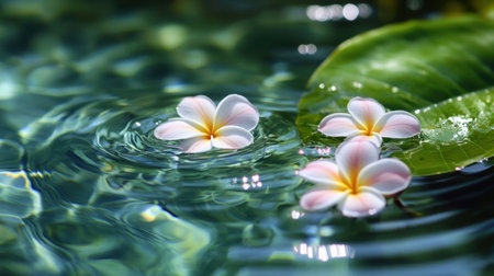Beautiful pink frangipani flowers float serenely on a tranquil water surface, surrounded by lush greenery, capturing the essence of calm and relaxation.の素材