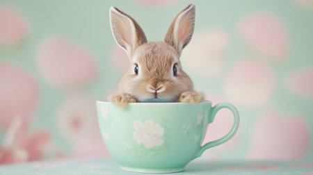 A delightful scene featuring an adorable bunny peeking from a teacup adorned with floral patterns. The soft pastel background enhances the charm of this playful moment.の素材