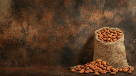 A rustic burlap sack filled with fresh almonds, spilling onto a textured brown surface, creates a warm, inviting scene perfect for food-related themes or healthy living concepts.の素材