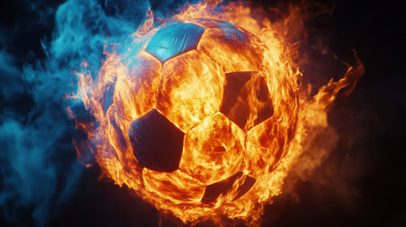 A stunning soccer ball engulfed in flames, creating a captivating visual of energy and motion against a dark backdrop, perfect for sports themes.の素材