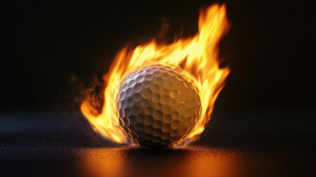 A dramatic representation of a golf ball engulfed in flames, showcasing intense energy and motion. Perfect for sports, competition, and dynamic imagery.の素材