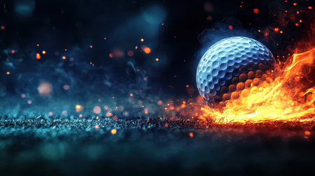 A captivating image of a golf ball engulfed in flames, creating a striking contrast against a dark backdrop. The sparks and glow enhance the sense of movement and energy.の素材