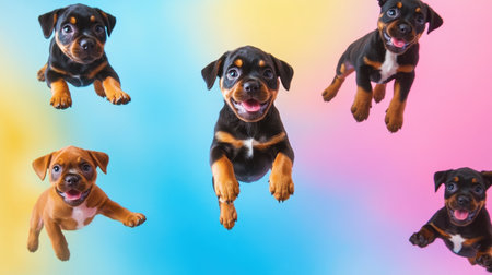 A delightful scene of joyful puppies in mid-air, showcasing their playful nature against a vibrant background, capturing happiness and energy in every leap.の素材