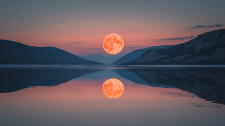 A breathtaking view of a full moon rising over tranquil waters, reflecting serene colors of sunset. The surrounding mountains add depth to the breathtaking scene.の素材