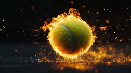 A vibrant tennis ball engulfed in flames creates an intense visual impact, representing the energy and excitement of sports. Perfect for dynamic themes.の素材