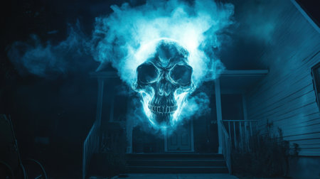 A haunting scene featuring a glowing skull emerging from fog near an abandoned house, evoking a sense of mystery and fear, perfect for Halloween themes.の素材