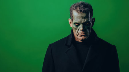 A striking portrait of a man with dramatic green makeup and a serious expression. His dark outfit contrasts with the vivid green background, creating an eerie atmosphere perfect for Halloween or theatrical performances.の素材