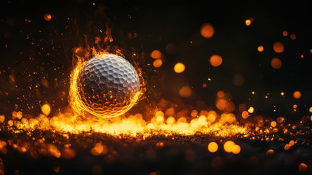 An artistic representation of a golf ball engulfed in flames, surrounded by vibrant sparks and glowing ashes, creating a dynamic and intense visual effect.の素材