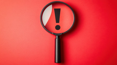 A magnifying glass highlights an exclamation mark against a vibrant red background, representing alertness and the importance of attention in various contexts.の素材
