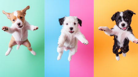 Three adorable puppies leap joyfully in a vibrant, colorful setting. Their playful energy radiates happiness and fun against the bright backgrounds. Perfect for pet lovers!の素材