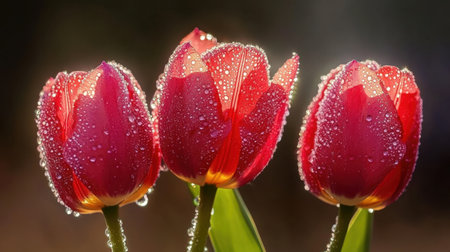 A stunning close-up of vibrant red tulips adorned with shimmering water droplets, capturing nature's beauty and freshness in the soft morning light.の素材