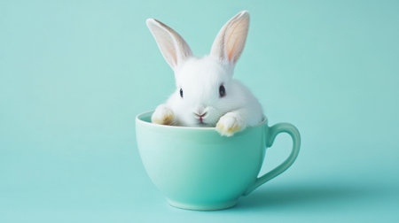 A charming image of a cute white bunny sitting comfortably in a teal cup against a light blue background, creating a joyful and whimsical vibe.の素材