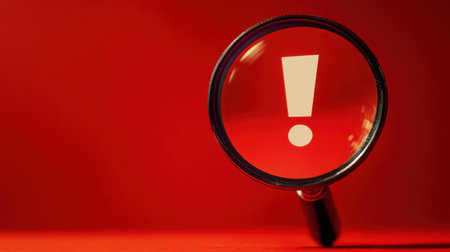 A magnifying glass highlights an exclamation mark against a vibrant red background. This image conveys urgency and attention, perfect for illustrating warnings or important notices.の素材