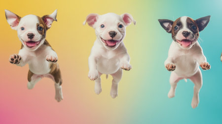 This lively image captures adorable puppies jumping joyfully against vibrant backgrounds. The playful energy highlights the innocence and happiness of these young dogs.の素材