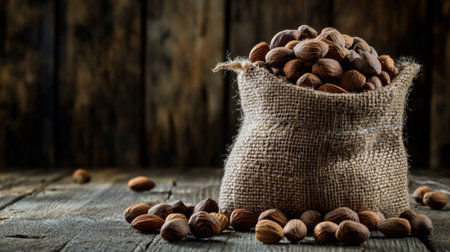 This rustic burlap sack is overflowing with various nuts, set against a wooden table background. Perfect for themes of health, harvest, and nature.の素材