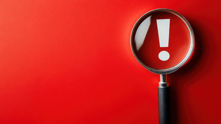 A magnifying glass displays an exclamation mark on a vibrant red background, symbolizing alertness and emphasis. Perfect for illustrating concepts of focus and attention.の素材