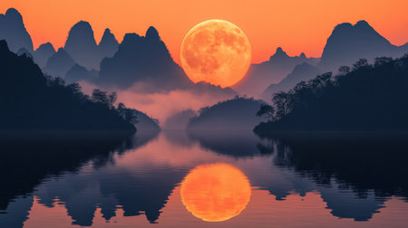 A breathtaking landscape featuring a full moon rising over mountains at sunset. The tranquil lake reflects the vibrant colors, creating a serene atmosphere.の素材