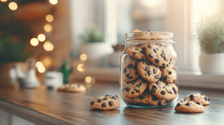 A charming glass jar filled with freshly baked chocolate chip cookies sits on a wooden table, creating a warm and inviting atmosphere perfect for any kitchen.の素材