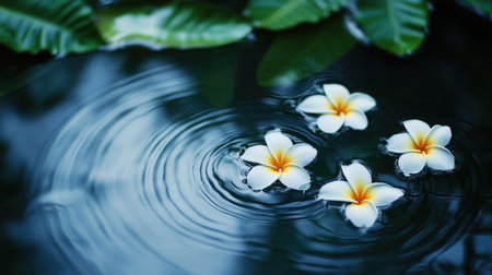 A serene image showcasing delicate white flowers floating on tranquil water, creating ripples and reflecting the natural beauty of the environment.の素材