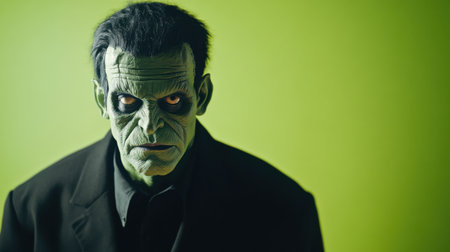 A captivating portrait of a mysterious creature with green skin and an intense gaze, set against a vibrant green background, evoking themes of horror and fantasy.の素材