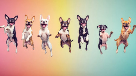 A lively and vibrant image showcasing eight joyful dogs jumping in the air. Each dog displays excitement and happiness against a colorful background, symbolizing fun and vitality.の素材
