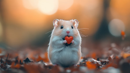 A charming hamster holds a small heart in its paws, surrounded by vibrant autumn leaves. This adorable scene captures the essence of warmth and love in nature.の素材