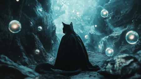 A solitary cat in a flowing cloak sits in a mystical cave, surrounded by floating bubbles, creating an enchanting and serene atmosphere perfect for fantasy art.の素材