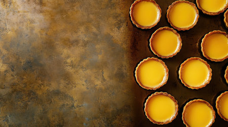 Discover an array of freshly baked mini custard tarts resting on a rustic background. These delightful treats feature a creamy yellow filling in a crispy pastry shell, perfect for any dessert lover.の素材