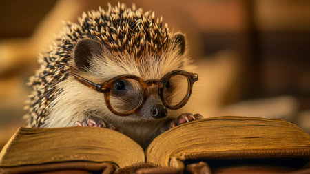 An adorable hedgehog with glasses sits attentively in front of an open book, embodying curiosity and charm. This whimsical scene highlights the love for reading.の素材
