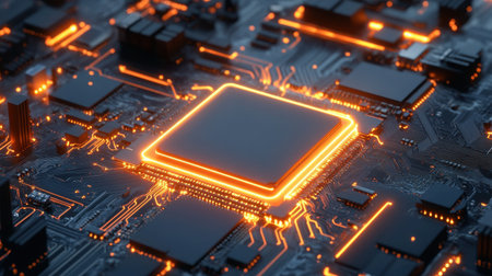 A detailed view of a futuristic circuit board featuring a glowing processor. This image captures the essence of modern technology, showcasing intricate electronic components and connections.の素材