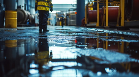 A worker in safety gear walks through a wet industrial floor, showcasing reflections and highlighting the environment of a busy manufacturing site.の素材