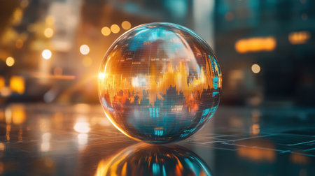 A stunning globe featuring vibrant data visualization, set against an illuminated urban backdrop, captures the essence of technological advancement and modern finance.の素材
