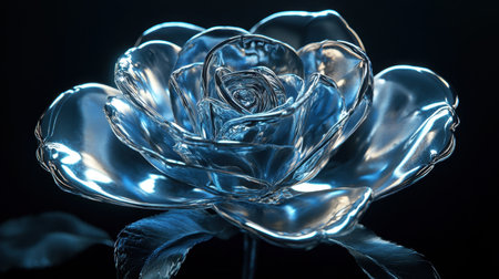 Stunning glass rose sculpture showcasing elegance and intricate detail, perfect for decoration or as a unique gift. The transparent luster creates a captivating visual appeal against a dark background.の素材