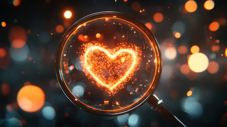 A magnifying glass reveals a glowing heart shape surrounded by sparkling lights. This enchanting image evokes feelings of love and wonder, perfect for romance-themed projects.の素材