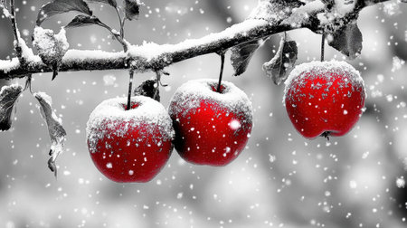 Three bright red apples hang from a snow-laden branch, creating a striking contrast in a winter wonderland. Snowflakes gently fall around them, enhancing the tranquil scene.の素材