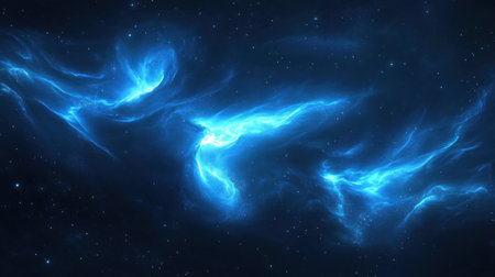 Explore the enchanting cosmic blue wisps illuminated against a dark starry sky. This ethereal digital illustration captures the beauty and mystery of space, inspiring imagination and awe.の素材