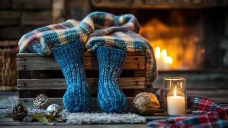 Embrace the warmth of winter with this cozy scene featuring knitted socks and a soft blanket. A flickering candle adds a serene ambiance, perfect for relaxation.の素材